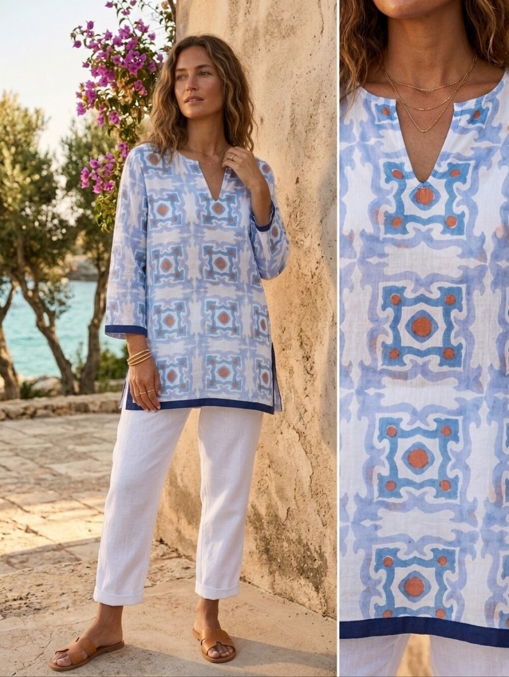 NEW OLIPHANT Blue Geometric Print Cotton Tunic Top Lightweight Coverup Size L